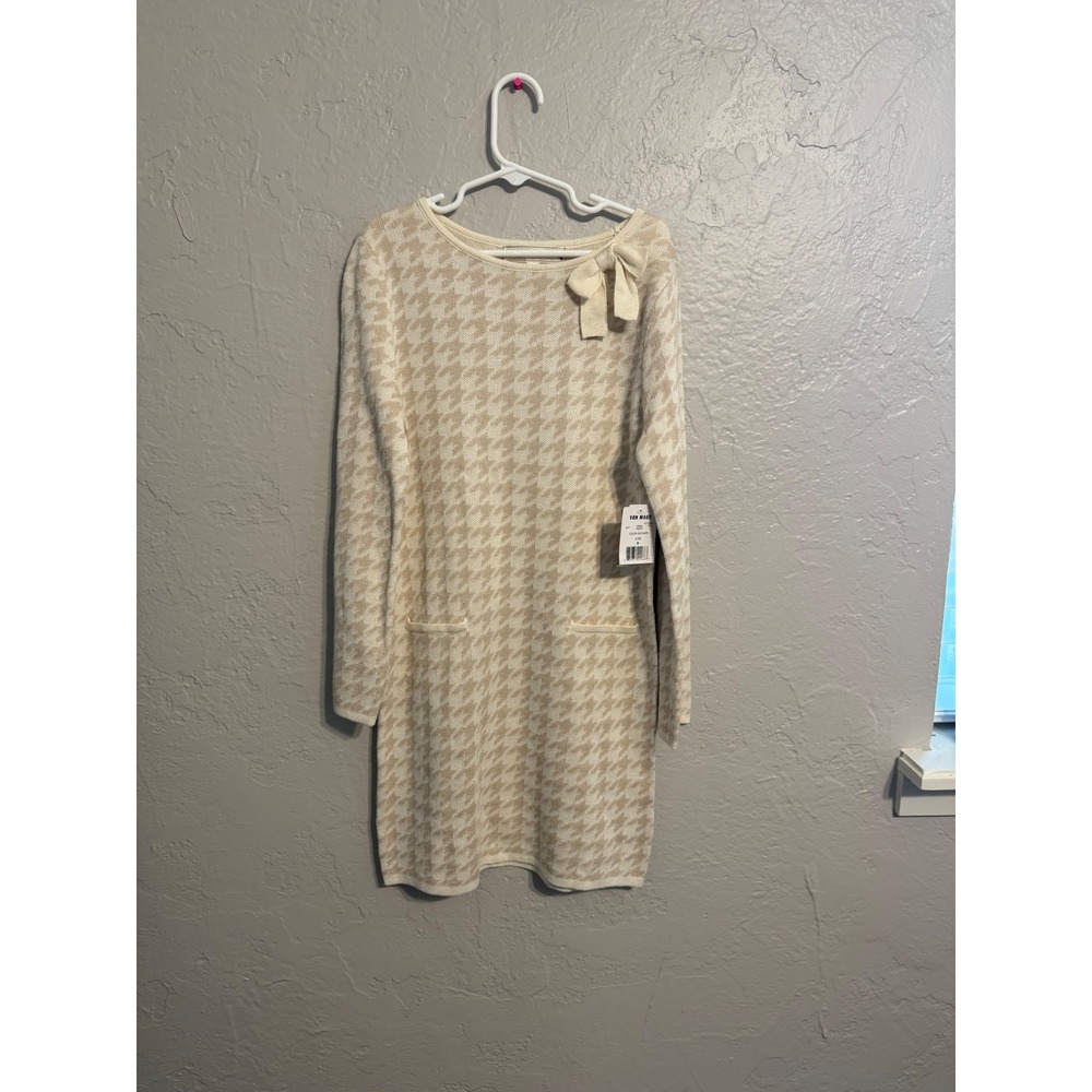 Poppies and Roses Houndstooth Sweater Dress Beige Cream Bow Detail Medium NWT